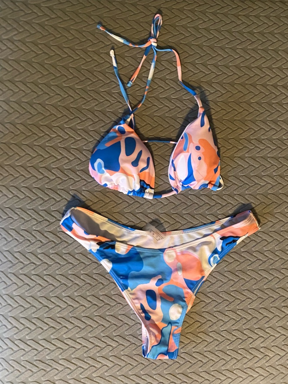 SHEIN Blue Pink Orange Abstract Print Triangle Bikini